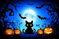 Cute Black Cat with Pumpkins Under a Full Moon Royalty Free Stock Photo