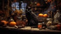 Cute black cat sits on a table in the witches kitchen among pumpkins and magic items. Halloween Eve Royalty Free Stock Photo