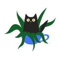 Cute black cat sitting in a pot with a houseplant. Simple vector illustration for card design and for children. Pets