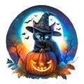 Cute black cat sitting on pumkin haloween theme background