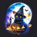 Cute black cat sitting on pumkin haloween theme background