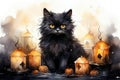 Cute black cat sitting on a table with candles and pumpkins Royalty Free Stock Photo