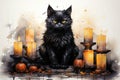 Cute black cat sitting on a table with candles and pumpkins Royalty Free Stock Photo