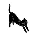 Cute black cat stretching isolated element. Feline character