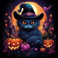 Cute black cat in a witch hat sitting near Halloween pumpkin Royalty Free Stock Photo