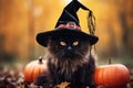 Cute black cat in witch hat is sitting near pumpkins in autumn forest, Halloween, thanksgiving concept Royalty Free Stock Photo