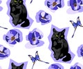 Cute black Cats and flowers seamless pattern. Pet vector illustration. Cartoon cat images. Cute design for kids.ÃÂ¡ Royalty Free Stock Photo