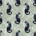 Cute black cats watercolor painting - hand drawn seamless pattern on green background