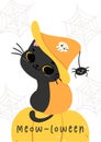 Cute black cats witch on pumpkins, happy Halloween humorous cartoon animal