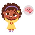 Cute black ethnic girl is suffering from headache and is holding her head. Migraine and sad character internal organ