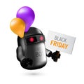 Cute black flying robot with pink and orange balloons holding a sign in his hand Royalty Free Stock Photo