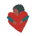 Cute black girl or boy are hugging a soft heart. Vector childish illustration for Happy Valentines day. Royalty Free Stock Photo