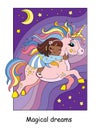 Cute black girl sleeps on back of a flying unicorn vector