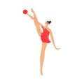 Cute rhythmic gymnast girl in red dress with the ball. Vector illustration in the flat cartoon style