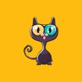 Cute black halloween cat isolated on orange background. Cartoon happy black witch kitten with big eyes Royalty Free Stock Photo