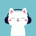 Cute at in black headphones earphones. Kitten listen to music with closed eyes, pink tongue, ears. Happy face head. Cartoon kawaii