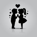 Cute black icon of kissing couple of children. Boy and girl stand Holding hands before kiss. First Love, First kiss Royalty Free Stock Photo