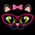 Cute black kitten with pink bow and glasses. Girlish print with kitty for t-shirt Royalty Free Stock Photo