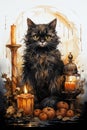 Halloween black cat with candles and pumpkins. Watercolor illustration Royalty Free Stock Photo