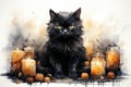 Halloween black cat with candles and pumpkins. Watercolor illustration Royalty Free Stock Photo