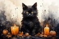 Halloween black cat with candles and pumpkins. Watercolor illustration Royalty Free Stock Photo