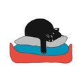 Cute black kitten sleeping on pillows. vector illustration in cartoon style. Royalty Free Stock Photo