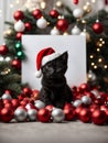 Cute black kitten wearing Santa Claus red hat near the Christmas tree. Generative AI Royalty Free Stock Photo