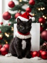 Cute black kitten wearing Santa Claus red hat near the Christmas tree. Generative AI Royalty Free Stock Photo