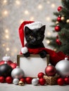 Cute black kitten wearing Santa Claus red hat near the Christmas tree. Generative AI Royalty Free Stock Photo