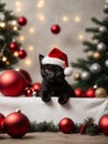 Cute black kitten wearing Santa Claus red hat near the Christmas tree. Merry Christmas and Happy New Year decoration around (balls Royalty Free Stock Photo