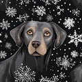 Cute black Labrador retriever dog seamless repeating background tile wallpaper, white snowflakes, winter and Christmas. Royalty Free Stock Photo