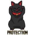 Cute black lucky cat vector. Hand drawn maneki neko Asian cultural clipart.