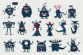 Cute black monster set, isolated on a white background, cartoon monsters