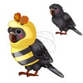Cute black parrot in bee costume isolated on a white background. Tropical tamed bird. Animated vector illustration.