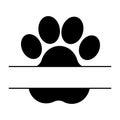 Cute black paw mark frame, monogram in cartoon style isolated on white background. Dog lover, care concept, stamp, icon