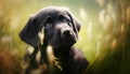 Cute Black Playful Labrador Cub in the Meadow. Generative AI