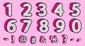 Cute black polka dots 3D set of numbers and signs. Vector LOL girly doll surprise style.