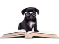 Cute black PUG puppy with book about bedtime stories