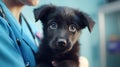 A cute black puppy is being held by a veterinarian in an animal hospital. A close-up realistic picture of a pet in healthcare