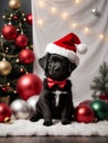 Cute black puppy wearing Santa Claus red hat near the Christmas tree. Generative AI