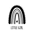 Cute black rainbow with heart. Baby rainbow logo. Modern kids print, decorative graphic element. Little girl