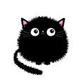 Cute black round fluffy cat icon. Face head body, tail. Kitten fat. Cartoon character. Kawaii baby pet animal. Notebook cover, Royalty Free Stock Photo