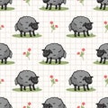 Cute black sheep in field cartoon seamless vector pattern. Hand drawn agriculture livestock. Farm animal with flower all Royalty Free Stock Photo