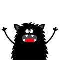 Cute black silhouette monster face icon. Happy Halloween. Cartoon colorful scary funny character. Eyes, tongue, fang, ears, holdin