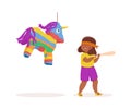 Cute black-skinned girl playing with a pinata. Vector illustration. Summer activities. Kids have fun outside. Funny