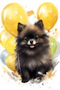 Cute black spitz sitting on the background of balloons, watercolor illustration, postcard