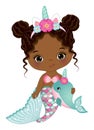 African American Cute Unicorn Mermaid with Whale