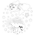 Cute black and white baby illustration of two cheerful smiling floating fish, bubbles and starfish. Outline isolated cartoon magic Royalty Free Stock Photo