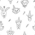 Cute black and white Birthday seamless pattern with cute animal heads in party hats and confetti. Vector anniversary repeating Royalty Free Stock Photo