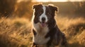 Cute black and white border Collie dog sit and looking at the camera in the meadow nature background Royalty Free Stock Photo